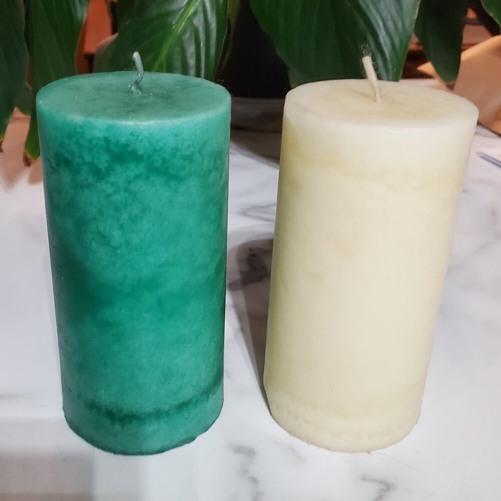 2 Pillar Candle's Teal Green and Off White
